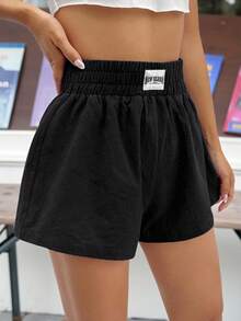 SHEIN EZwear Letter Patched Detail Wide Leg Shorts - Black - View 4