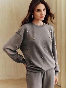 Anewsta Áo nỉ dáng rộng đính đá thủ công đa năng thời trang dành cho nữ - Màu xám đen - Xem 3