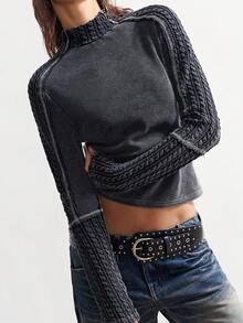 Bohemela Áo thun dài tay cổ đứng dệt kim màu trơn, chất liệu vải pha trộn, thích hợp cho mùa đông, năm mới, Giáng sinh, Lễ tình nhân và các lễ hội âm nhạc dành cho nữ. - màu đen - Xem 10