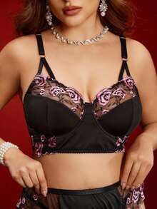 Spicy Aura Plus Size Premium Dual-Color Embroidered Splice Milk Silk Bra, With Steel Rings, 3-Row Back Hooks, And Side Boning For Sexy Lingerie - Black - View 3
