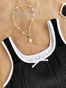 SHEIN Teen Girl Bowknot Romper Swimsuit, Casual Beach Vacation - Black - View 3