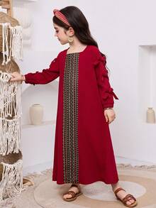 SHEIN Đầm thường ngày họa tiết nơ vuông dệt trơn màu cho bé gái - Đỏ - Xem 3