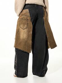 SUMWON WOMEN Double Layer Distressed Studded Wide Leg Denim Jeans With Rhinestone Embellishments And Raw Hem Details Fall Winter Layering - Multicolor - View 2