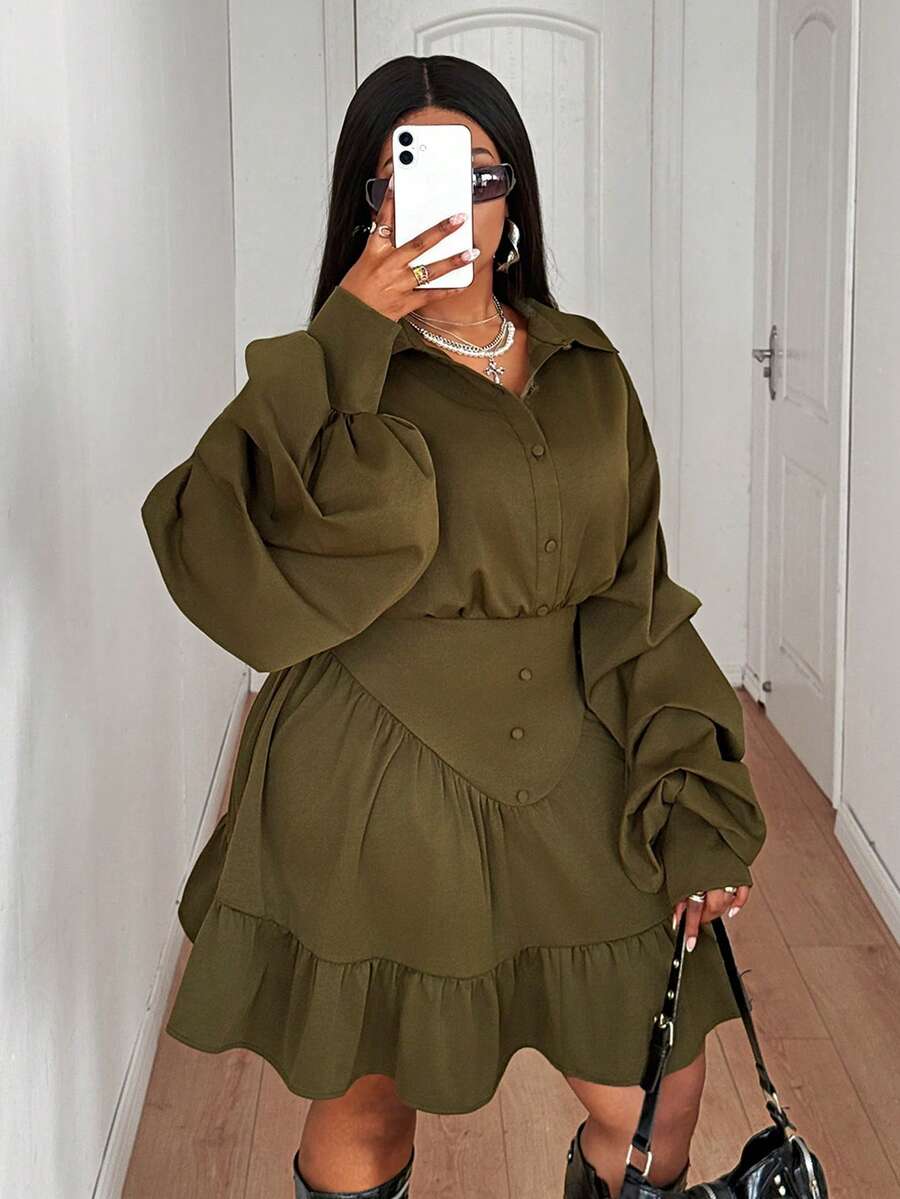 Maweii 大码长袖休闲优雅复古设计连衣裙 - 軍綠色 - 查看 1