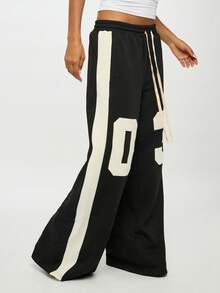 SUMWON 加大码抽绳腰阔腿运动裤，饰有大号数字印花图案 - 黑色 - 查看 5