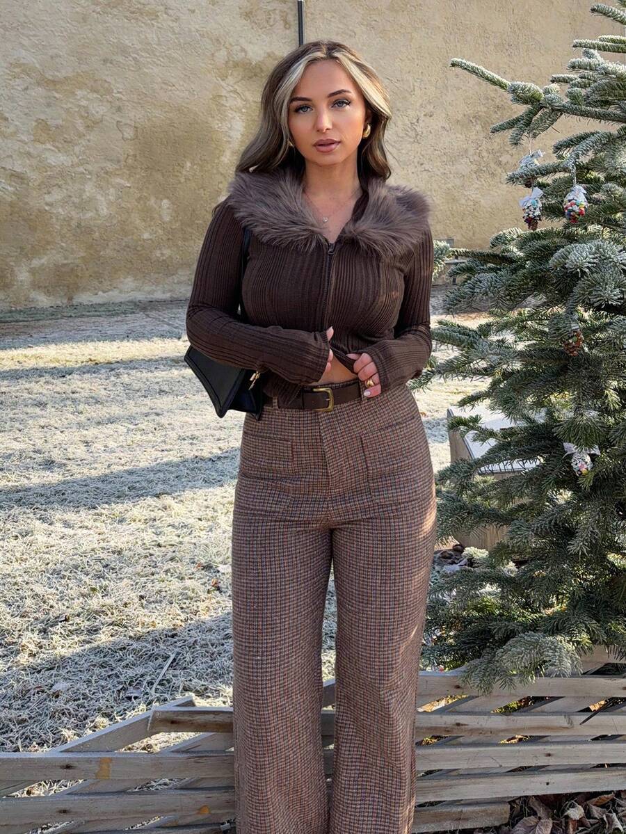 Jeta Ari Strukturierter, gebürsteter Patchwork-Kragen taillierter, sexy Cardigan Langarm T-Shirt für Frauen, Herbst/Winter - Kaffeebraun - Übersicht 1