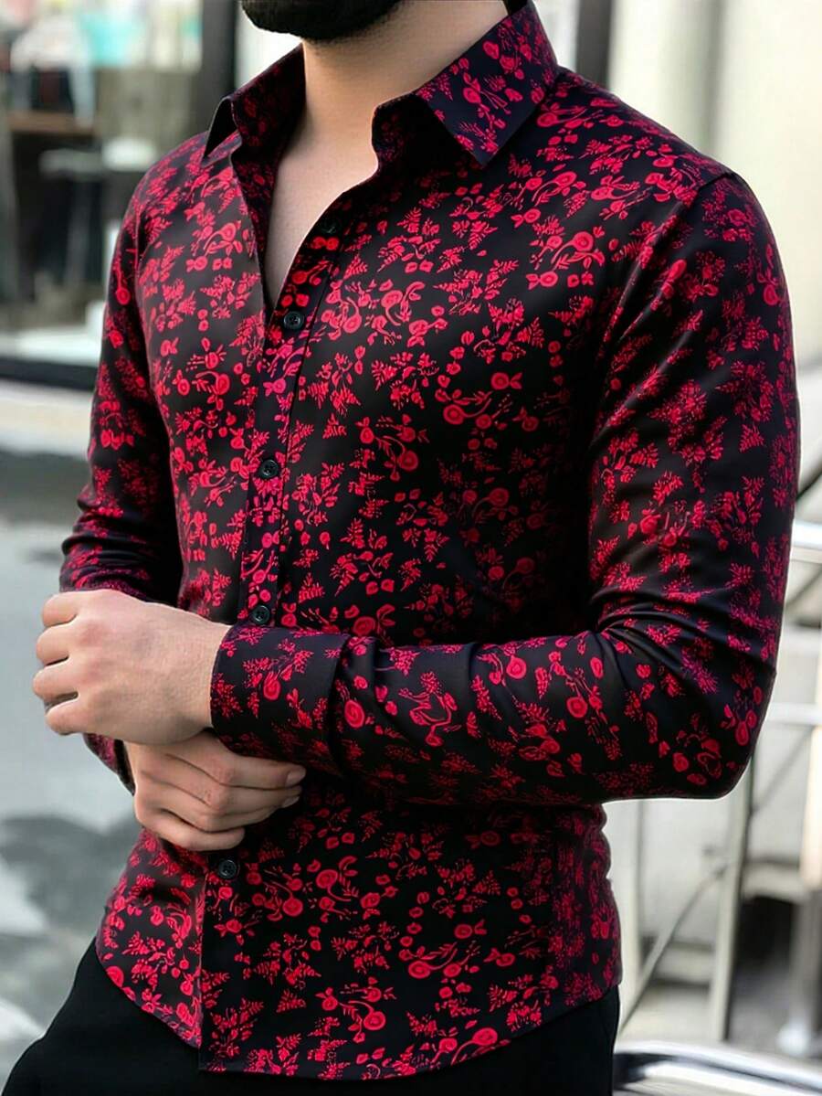 Manfinity Homme 男士全印花翻领单排扣休闲通勤长袖衬衫 - 紅色和黑色 - 查看 1