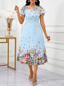 SHEIN Lady 春夏休闲圆领喇叭袖荷叶边中长短袖连衣裙度假装女装沙滩装女装度假装女装沙滩度假装沙滩婚礼宾客连衣裙吊带裙褶皱白色粉色花卉女装春季邮轮服装女装长裙生日及活动连衣裙/办公室连衣裙/教堂连衣裙/婚纱/节日连衣裙/波西米亚风女装； - 藍色 - 查看 6