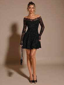 SHEIN BAE 黑色蕾丝露肩修身迷你连衣裙，优雅性感女士长袖蕾丝连衣裙，黑色蕾丝连衣裙，优雅小黑裙 - 黑色 - 查看 3