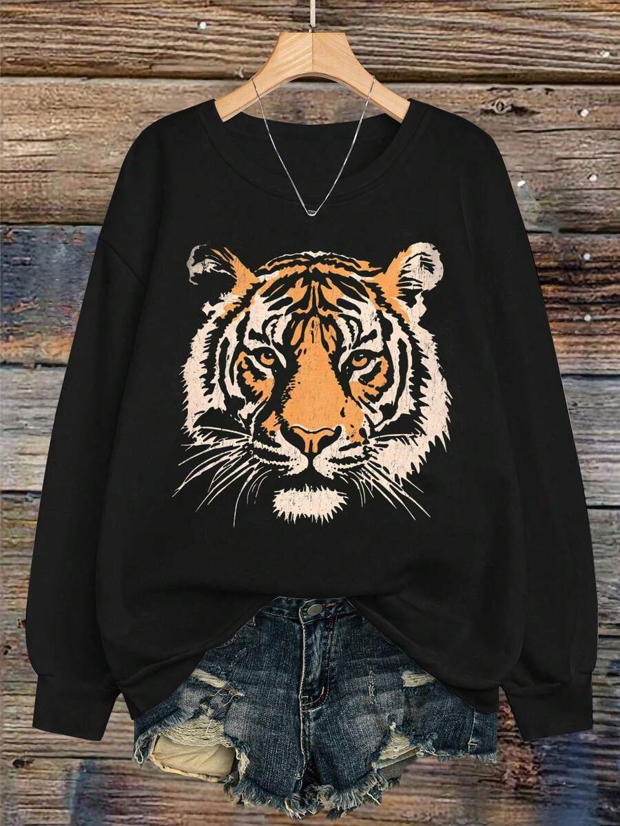 EMERY ROSE 复古老虎T恤 - 复古动物卫衣，90年代动物主题礼物，送给老虎爱好者，野猫卫衣，丛林老虎图案卫衣 - 黑色 - 查看 1