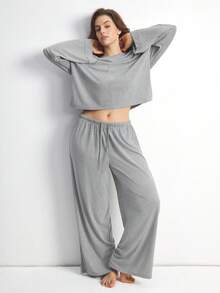 Ocili 女士加大码两件套舒适柔软竹纤维针织圆领长袖上衣和裤子睡衣套装，夏季、秋季、冬季服装 - 灰色 - 查看 6