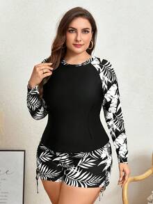 Swim Lushoire 大码热带植物印花优雅运动度假宽松连体泳衣，夏季海滩度假