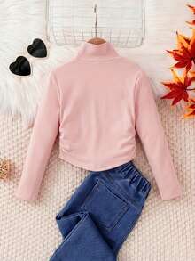 SHEIN Áo thun dệt kim cổ bẻ màu trơn cho bé gái, thích hợp mặc thường ngày, mặc đi học vào mùa thu đông, phù hợp cho mẹ và bé. Dùng cho dịp Giáng sinh. - Màu Hồng baby - Xem 2