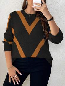 EMERY ROSE 大码女式休闲时尚修身圆领长袖提花针织套头毛衣，秋冬款 - 薑色 - 查看 4