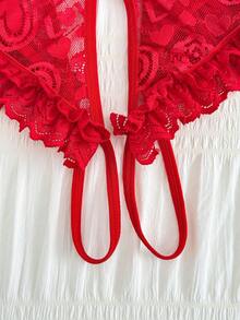 Women's Sexy Heart Lace Ruffle Crotchless Bodysuits - Red - View 4