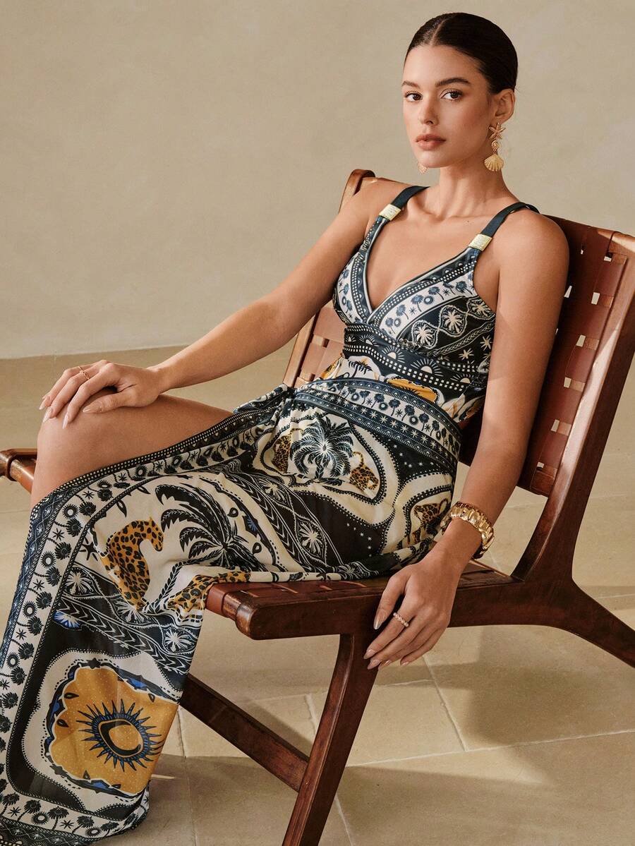 Swim Oasis 女士棕榈树印花吊带连体泳衣，配同款罩裙 - 彩色 - 查看 1