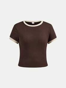 SHEIN Girlism 少女春夏时尚罗纹棕白撞色休闲修身基础款T恤搭配撞色腰带宽松口袋裤套装，休闲运动街头风。适合大学运动、返校、足球、户外等场合，舒适百搭。 - 棕色 - 查看 8