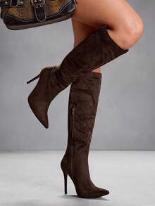 CUCCOO SZL 休闲纯色细跟女式过膝长靴 - 棕色 - 查看 9