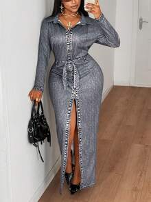 Maweii Plus Size Fashionable Long Sleeve Cinched Waist Slit Bodycon Dress - Black - View 2