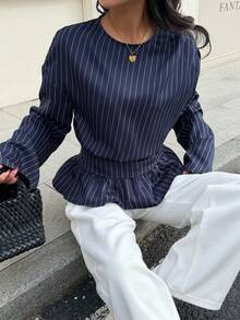 Siren Gaze 褶皱垂褶长袖衬衫，白色领衬衫，圆领套头衫 - 藏蓝色 - 查看 3