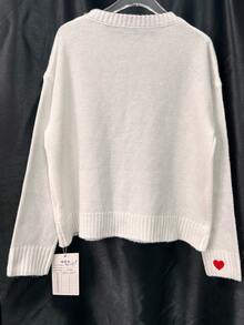 SHEIN LUNE 全新圆领长袖心形图案宽松套头针织毛衣 女士 - 白色 - 查看 1