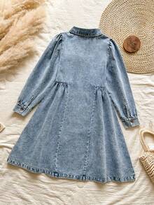 SHEIN Vintaside Kids Rochie de primăvară/toamnă pentru fete, cu guler răsturnat, mânecă lungă, la modă, elegantă, din denim spălat, de înaltă calitate, potrivită pentru activități casual în aer liber și întâlniri cu prietenii, oferind un aspect confortabil și relaxat, cu un design simplu și confortabil. - Bleu - Vizualizare 2