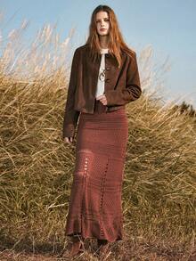 Chiquease 女士A字针织半身裙，镂空纹理设计，时尚百搭，适合日常穿着，秋冬季 - 酒紅色 - 查看 5