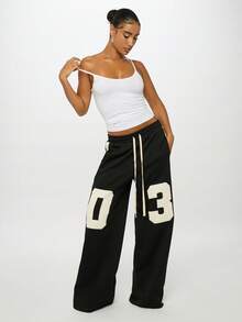 SUMWON 加大码抽绳腰阔腿运动裤，饰有大号数字印花图案 - 黑色 - 查看 7