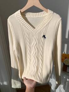 SHEIN EZwear 女式 V 领长袖修身休闲毛衣，日常穿着，秋冬季上学上衣