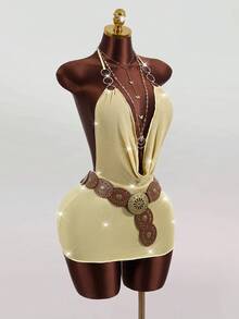 Zestiva 女士性感时尚深V领系带露背金属链连体连衣裙，夏季 - 金色 - 查看 5