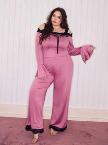 SHEIN Plus Size Valentine's Day Cute Y2K Contrast Lace Trim Off-Shoulder Camisole & Long Pants Pajama Set - Red Violet - View 6