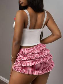 Slaydiva 2025 新款夏季性感可爱樱桃字母印花蕾丝吊带背心和红色格子荷叶边短裤，两件套，适合音乐节和购物