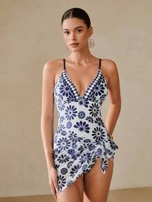 Swim Oasis Bộ đồ bơi một mảnh cổ chữ V dành cho nữ, dây mảnh + chân váy lưới, bộ đồ mặc nhà nghỉ dưỡng thời trang 2 món, xuân/hè/thu/đông - Xanh và trắng - Xem 5