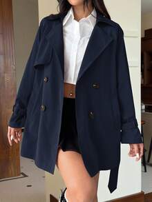 SHEIN EZwear 女士纯色翻领双排扣长袖休闲长款风衣，秋季新品 - 藏蓝色 - 查看 4