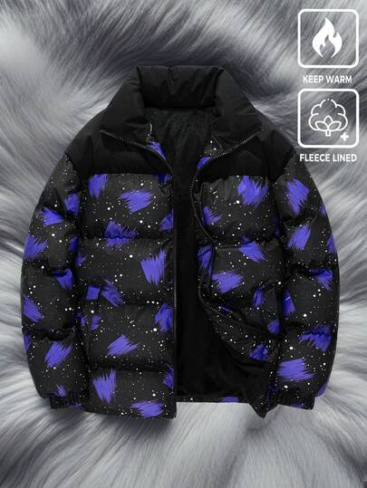 Street Life معطف شتوي مفصل بسحاب مع طباعة لمسات فرشاة ملونة وقصة فضفاضة للرجال