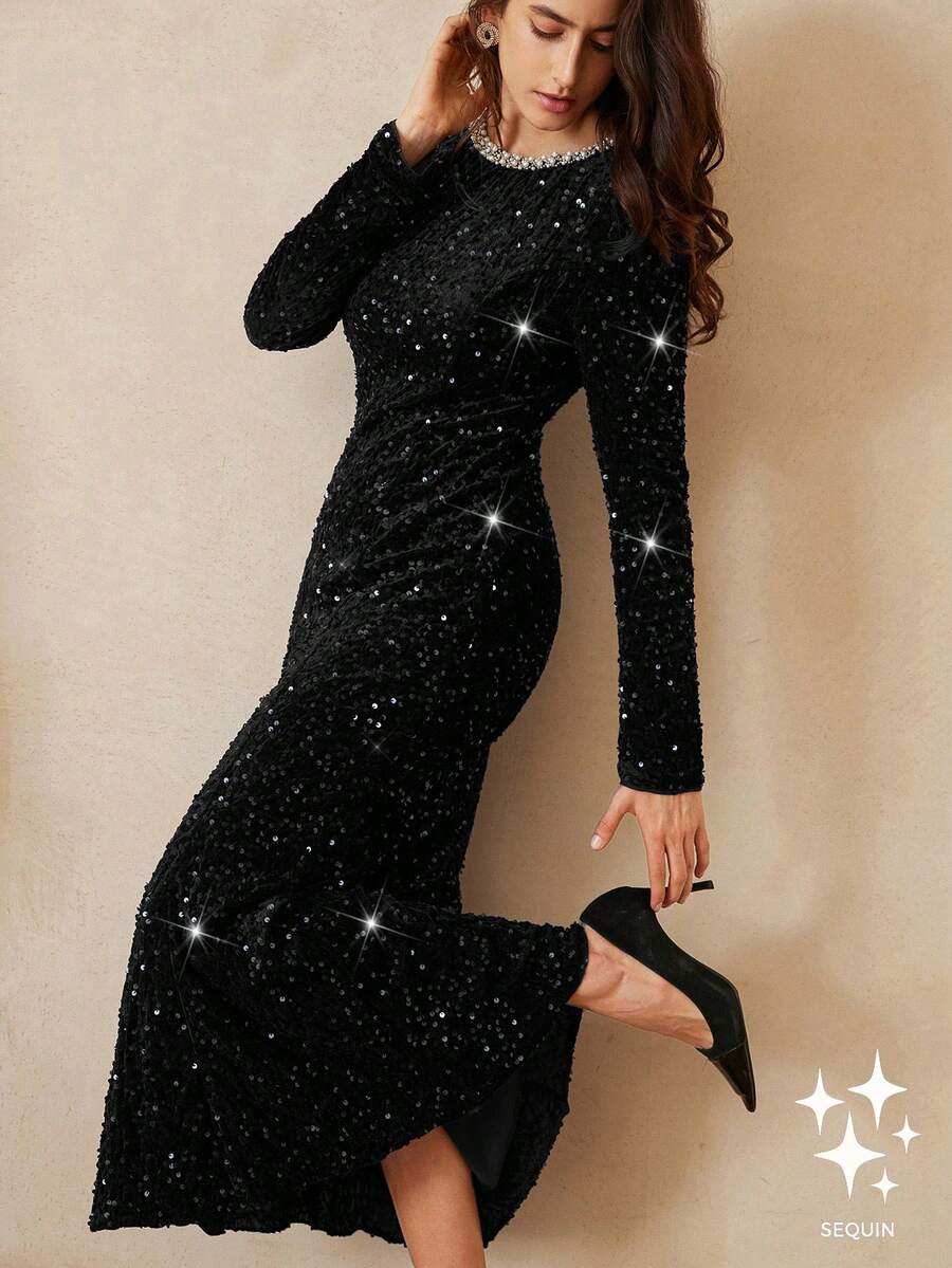 Aveloria Rosie 时尚亮片装饰长袖连衣裙，百搭欧美风格，适合秋冬季穿着。 - 黑色 - 查看 1