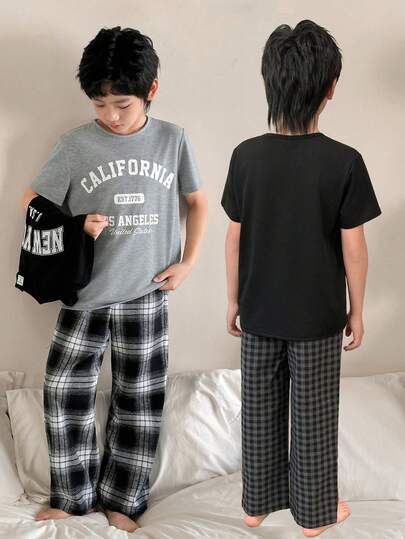 4pcs Buy 2 Get 2 Free Tween Boy Casual Soft Printed Crew Neck Short Sleeve Pajama Set, Plaid Straight Leg Pants, Tracksuit, Homewear Set, T-Shirt Set, Black Top, Basic Top, Suitable For Spring/Summer, Valentine's Day, Date, Travel, Vacation, Family Gathering, Dinner, Birthday Party, Kids Clothing
