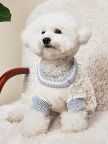 PETSIN 1 件宠物服装，狗/猫快乐小狗休闲时尚可爱舒适镂空针织毛衣 - 蓝色和白色 - 彩色 - 查看 3