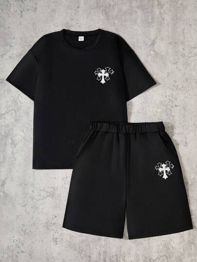 Coolqubz 两件套休闲印花T恤套装，适合青少年男孩日常通勤、休闲和街头穿着。