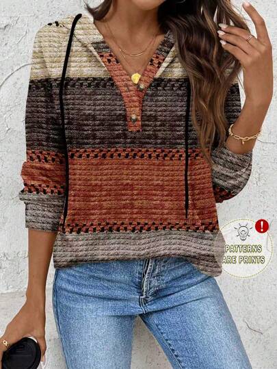 SHEIN LUNE 女士仿毛皮边饰连帽卫衣，柔软白色长袖纽扣衬衫上衣，适合秋冬季节穿着。这款时尚的女士白色长袖上衣，配有舒适的仿毛皮帽子和纽扣细节，适合日常穿着。