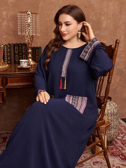 Al Najma Random Floral Loose Pocket Patchwork Comfortable Casual Chic Simple Plus Size Women New Dress Kaftan Jalabiya Dress