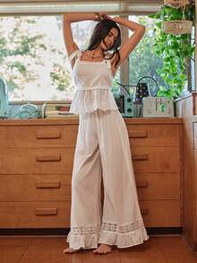 Lullawish Bộ đồ ngủ nữ kiểu Bohemian với dây đeo mảnh, chất liệu cotton dệt, có ren, thích hợp cho nữ, phong cách Boho, đồ mặc nhà mùa hè cho nữ. - trắng - Xem 7