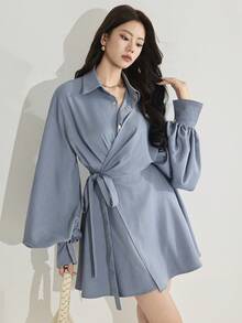 Heiryn Women's Solid Color Minimalist Long Sleeve Mini Dress, Casual Everyday Wear - Baby Blue - View 1