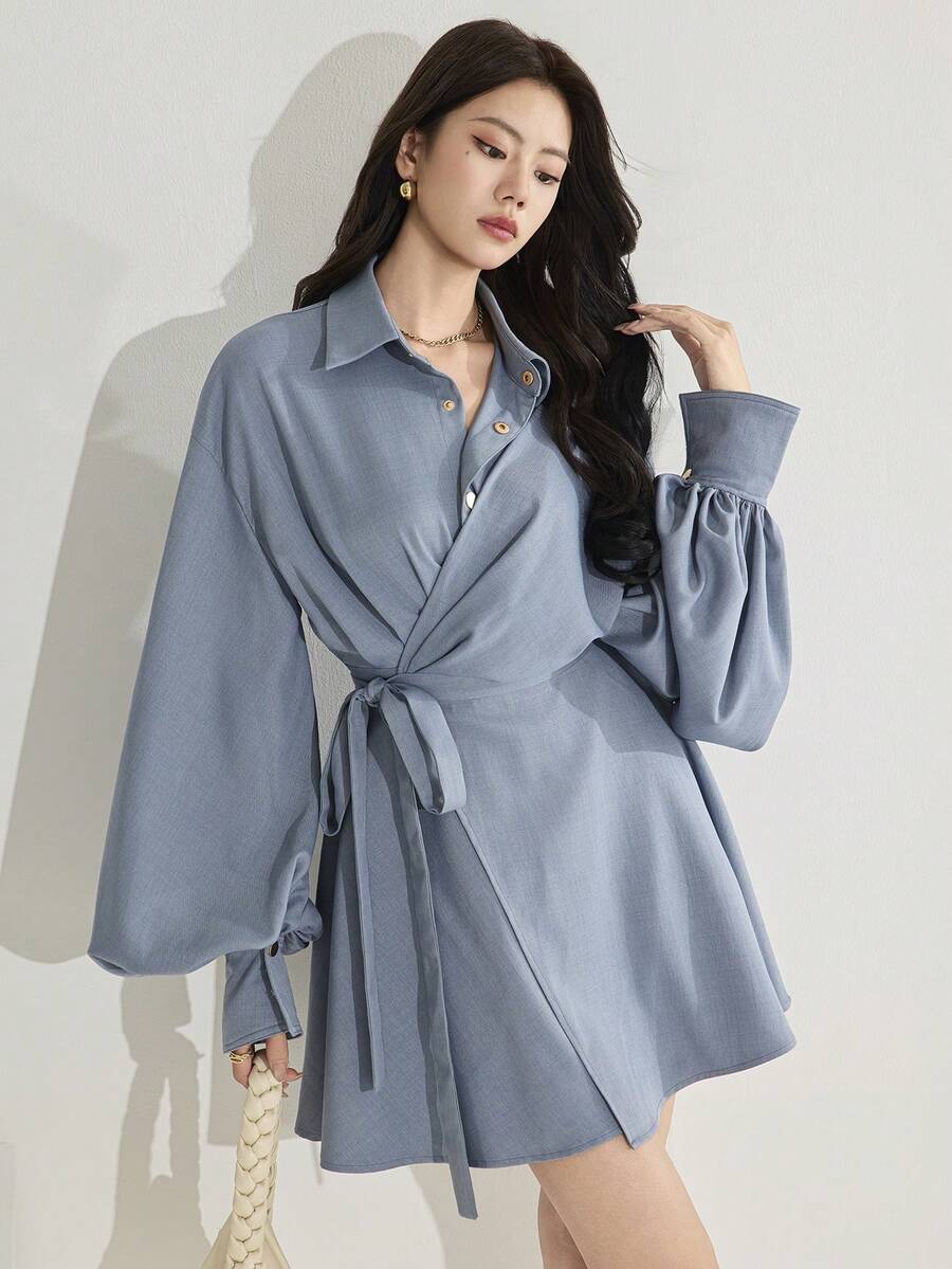 Heiryn Women's Solid Color Minimalist Long Sleeve Mini Dress, Casual Everyday Wear - Baby Blue - View 1