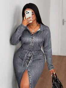 Maweii Plus Size Fashionable Long Sleeve Cinched Waist Slit Bodycon Dress - Black - View 7
