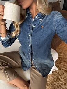 EMERY ROSE 女士骑士刺绣长袖单排扣休闲牛仔衬衫 - 藍色 - 查看 8