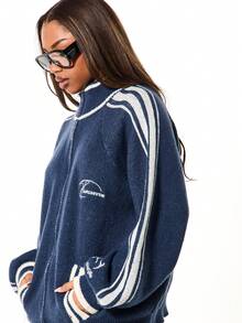 SUMWON WOMEN Oversized Knitted Zip Through Cardigan With Stripe Detail And Front Pockets For Casual Layering And Autumn Winter Styling - Navy Blue - View 6