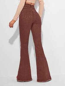 SHEIN Essnce Quần jeans ống loe cạp cao viền thô cổ điển dành cho nữ - Cà phê nâu - Xem 2