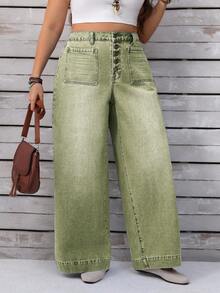 EMERY ROSE 大码女式宽松休闲牛仔阔腿裤，带纽扣腰带 - 綠色 - 查看 7