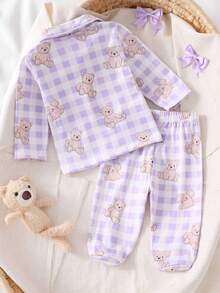 2件套新生女宝宝可爱蝴蝶结图案长袖上衣和裤子休闲舒适睡衣套装 - 紫色 - 查看 2